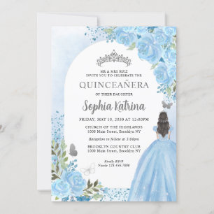 Floral Dusty Blue Princess Birthday Quinceanera Kaart