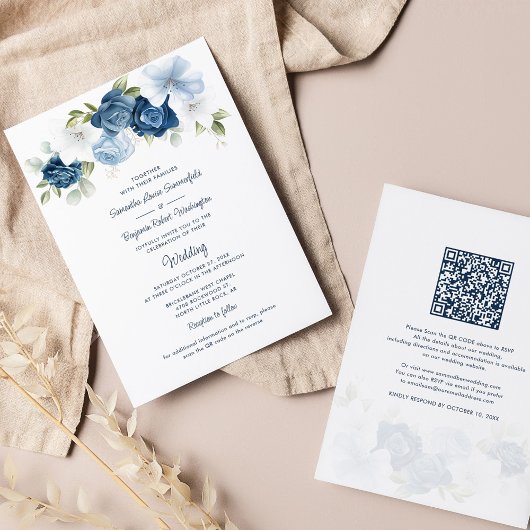 Floral Dusty Blue QR Code All in One Wedding Kaart