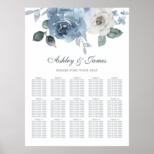 Floral Dusty Blue Roos Wedding Seding Chart Poster (Voorkant)