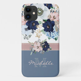  Floral Dusty Blue Roze Roze Monogram Naam iPhone 11 Hoesje