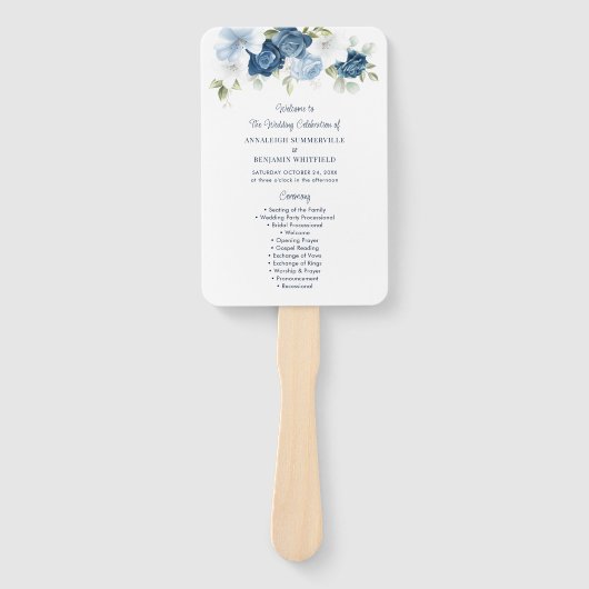 Floral Dusty Blue Script Wedding Programme Handwaaier (Voorkant)