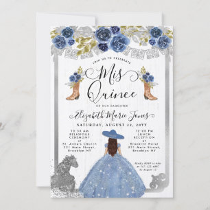 Floral Dusty Blue Silver Horse Charra Quinceanera Kaart