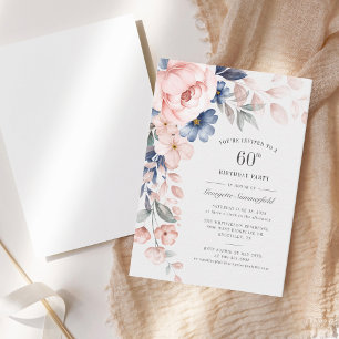 Floral Dusty Blue Waterverf 60th Birthday Invite Notitiekaartje