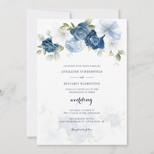 Floral Dusty Blue Wedding Kaart (Voorkant)
