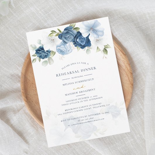 Floral Dusty Blue Wedding Rehearsal Dinner Kaart