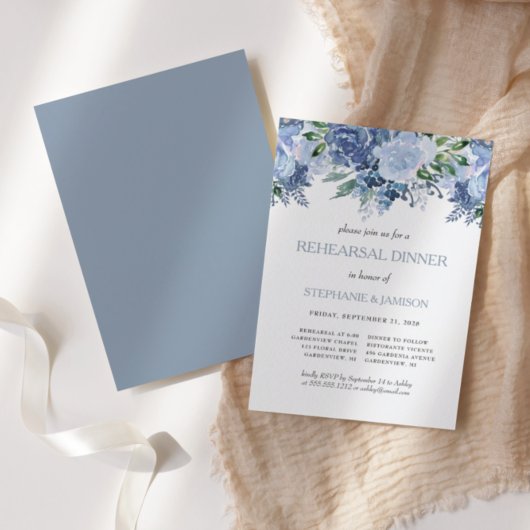 Floral Dusty Blue Wedding Rehearsal Dinner Kaart