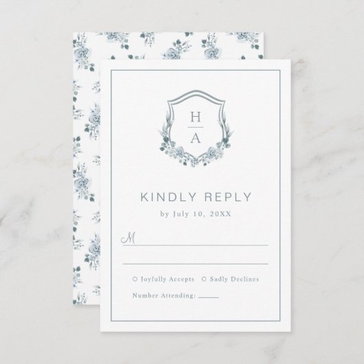 Floral Dusty Blue Wedding RSVP Kaartje (Voorkant / Achterkant)