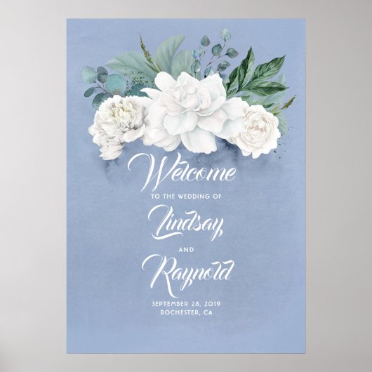 Floral Dusty Blue Wedding Welcome Poster (Voorkant)
