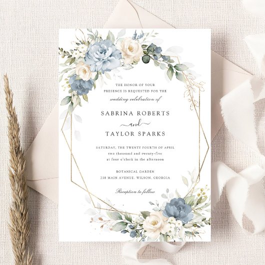 Floral Dusty Blue White Greenery Gold Wedding Kaart