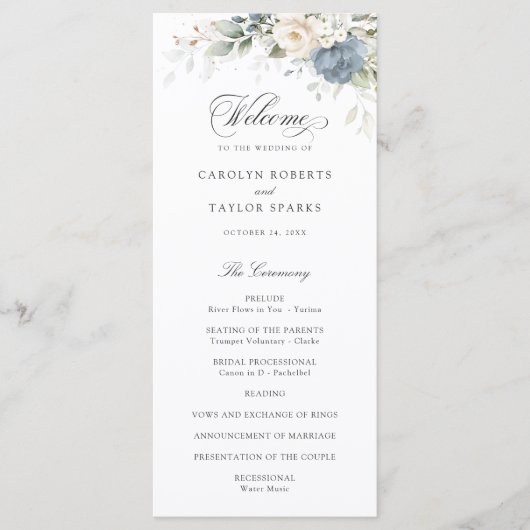 Floral Dusty Blue White Greenery Wedding Program Programma (Voorkant)