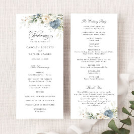 Floral Dusty Blue White Greenery Wedding Program Programma
