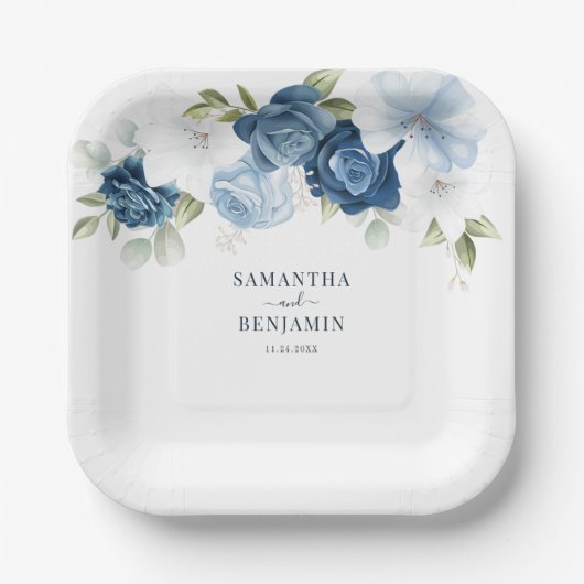 Floral Dusty Blue White Wedding Shower Papieren Bordje (Voorkant)