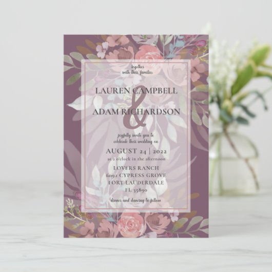 Floral Dusty Burgundy Ampersand Wedding Kaart (Staand voorkant)