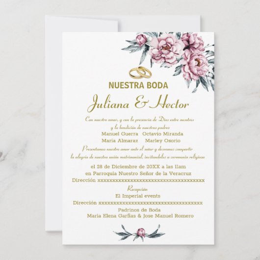 FLORAL DUSTY PINK NUESTRA BODA KAART (Voorkant)