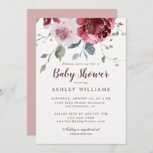  Floral Dusty Pink Rose Burgundy Baby shower Kaart