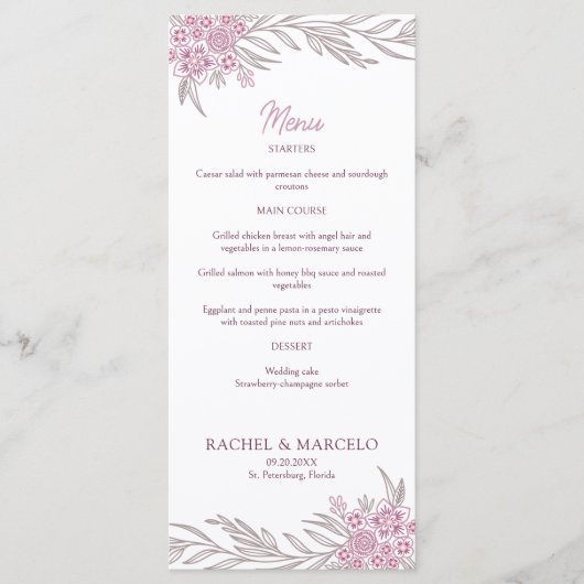 Floral Dusty Rose Blush Bourgogne Mariage Menu (Devant)