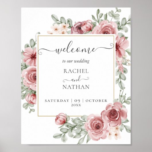 Floral Dusty Rose Gold Mariage Affiche de bienvenu (Devant)