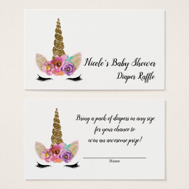 Floral Eenhoorn Gouden Glitter Baby shower Raffle Visitekaartje (Voorkant /achterkant)