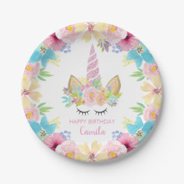 Floral Eenhoorn Verjaardagsfeest Schattigee Waterv Papieren Bordje