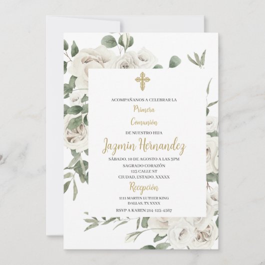 Floral eerste communie Spaanse uitnodiging (Voorkant)