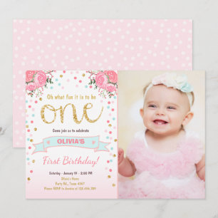 Floral Eerste verjaardag: Girl Pink Gold Rozen Kaart