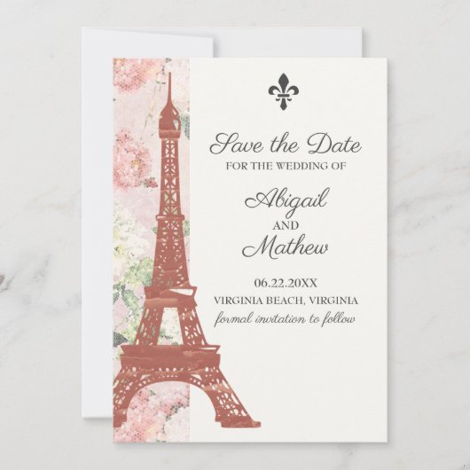  Floral Eiffel Tower Paris Pink Weddenschap Save The Date (Voorkant)