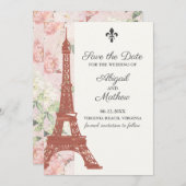  Floral Eiffel Tower Paris Pink Weddenschap Save The Date (Voorkant / Achterkant)