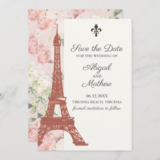  Floral Eiffel Tower Paris Pink Weddenschap Save The Date (Voorkant / Achterkant)