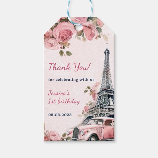 Floral Eiffeltoren Parijs 1e verjaardag Cadeaulabel (Voorkant)