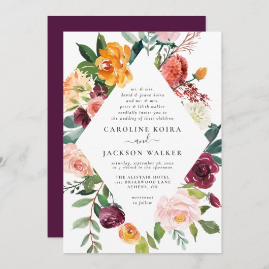 Floral Elegance Faire-part de mariage d'automne (Devant / Derrière)