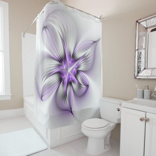 Floral Elegance Modern Abstract Violet Fractal Art Douchegordijn (In situ)