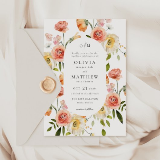 Floral Elegance Roze Koraal Bruiloft Uitnodiging