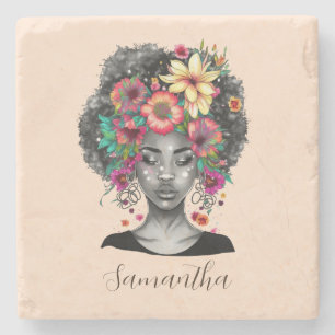 Floral Elegant Afro Woman Stenen Onderzetter