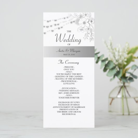 Floral Elegant Black and White Wedding Programme (Debout devant)