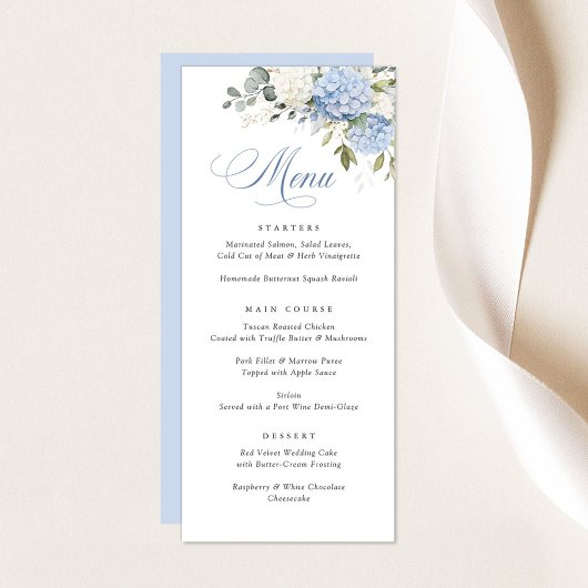 Floral Elegant Bleu Blanc Hydrangea Menu Mariage