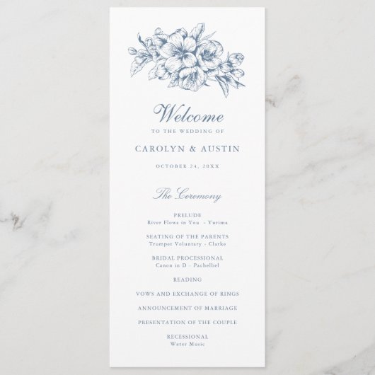 Floral Elegant  Botanisch Blauw Bruiloft Programma (Voorkant)