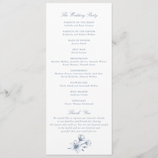 Floral Elegant  Botanisch Blauw Bruiloft Programma (Achterkant)