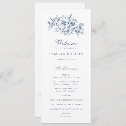 Floral Elegant  Botanisch Blauw Bruiloft Programma (Voorkant / Achterkant)