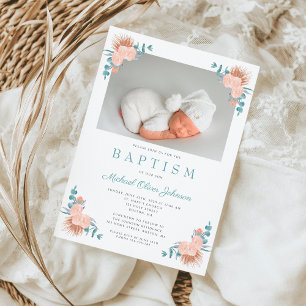 Floral Elegant Boy Foto Baptisme Kaart