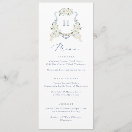 Floral Elegant Dusty Bleu Blanc Mariage Crest Menu (Devant)