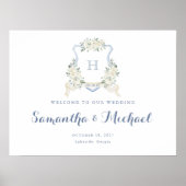 Floral Elegant Dusty Blue Crest Welcome Sign Poster (Voorkant)