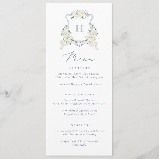 Floral Elegant Dusty Blue White Wedding Crest Menu (Voorkant)
