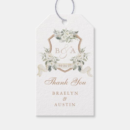 Floral Elegant groen crest bruiloft dank u Cadeaulabel (Voorkant)