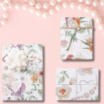 Floral Élégant Motif Joli Fleurs Feuille Oiseaux<br><div class="desc">Cet élégant ensemble de papier d'emballage floral comprend trois motifs botaniques féminins aux jolies fleurs, feuilles et oiseaux dans les tons pastel rose, pêche, violet et vert, aux accents d'or chic, sur un arrière - plan blanc. Ces illustrations d'art de la nature ajouteront une touche magnifique et unique à vos...</div>