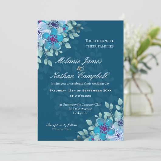 Floral Elegant Navy Blue en Light Blue Waterverf Kaart (Staand voorkant)