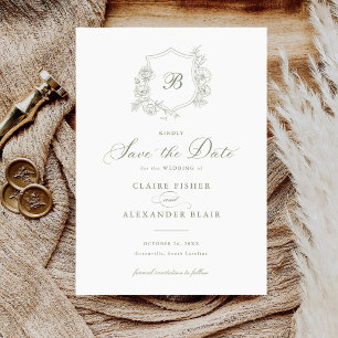 Floral Elegant Rozen Crest Monogram Save the Date Kaart