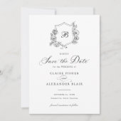 Floral Elegant Rozen Crest Monogram Save the Date Kaart (Voorkant)