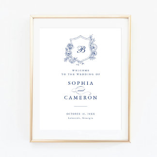 Floral Elegant Rozen Monogram Crest Welkomstbord Poster