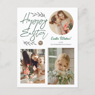 Floral Elegant Script Pasen Familie Drie Foto Feestdagenkaart