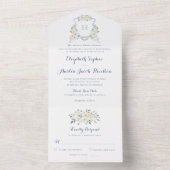 Floral Elegant Stoffig Blauw Crest Groen Bruiloft All In One Uitnodiging (Binnen)